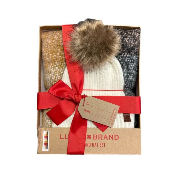 Lucky Brand Other - Lucky Brand Women's Soft Knit Scarf and Faux Fur Pom Hat Gift Set - Cream